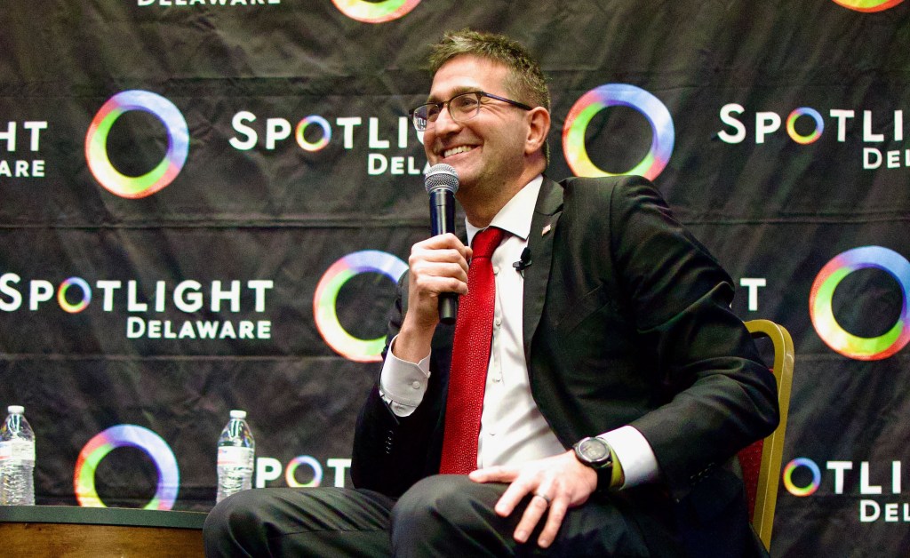 Delaware Governor-elect Matt Meyer speaks during the Spotlight Delaware Legislative Summit at Delaware State University in Dover, Delaware, on Jan. 8, 2025.